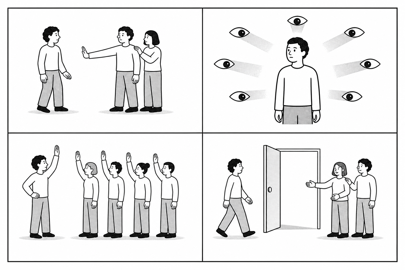 Black-and-white safety-card panels illustrating group pressure, isolation, and independent choices